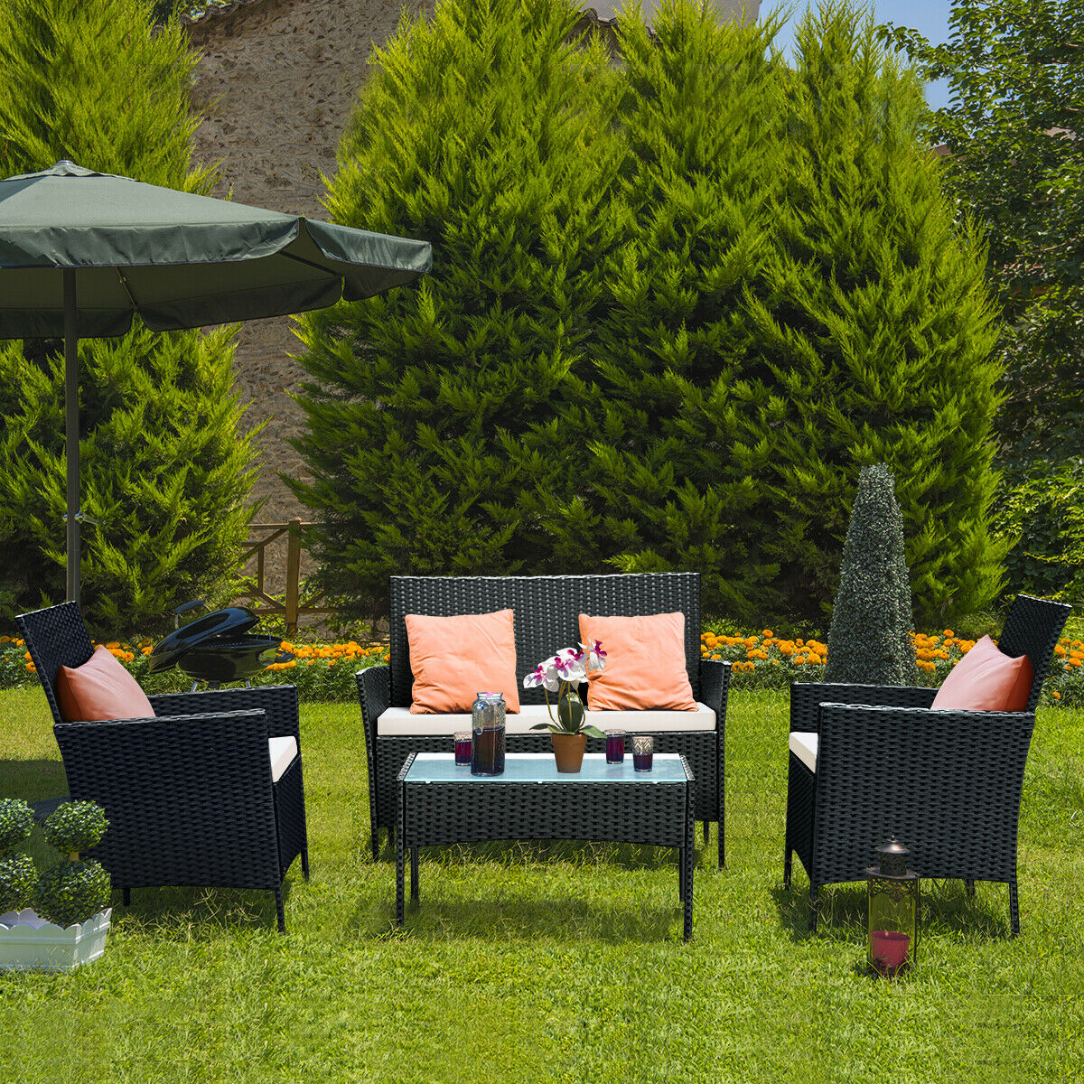 4 PCS Patio Rattan Wicker Furniture Set