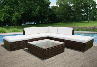Panana 6PCS Rattan Outdoor Garden Furniture Patio Coffee Table and Corner Sofa Set Ottoman PE Wicker Steel Frame