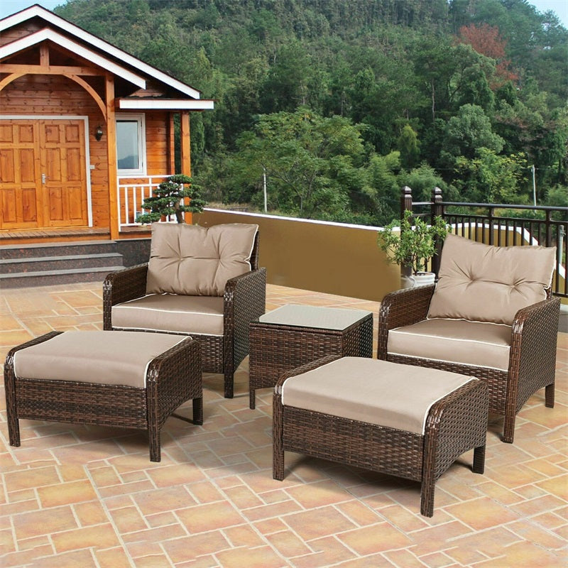 COSTWAY Outdoor Garden 5pcs/Set Patio Chairs Table Rattan Sofa Ottoman Furniture Set With Cushions HW54520