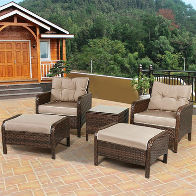 COSTWAY Outdoor Garden 5pcs/Set Patio Chairs Table Rattan Sofa Ottoman Furniture Set With Cushions HW54520