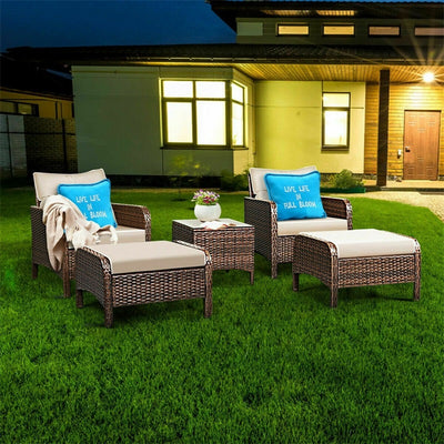 COSTWAY Outdoor Garden 5pcs/Set Patio Chairs Table Rattan Sofa Ottoman Furniture Set With Cushions HW54520