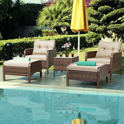 COSTWAY Outdoor Garden 5pcs/Set Patio Chairs Table Rattan Sofa Ottoman Furniture Set With Cushions HW54520