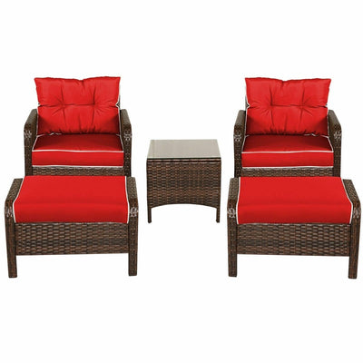COSTWAY Outdoor Garden 5pcs/Set Patio Chairs Table Rattan Sofa Ottoman Furniture Set With Cushions HW54520