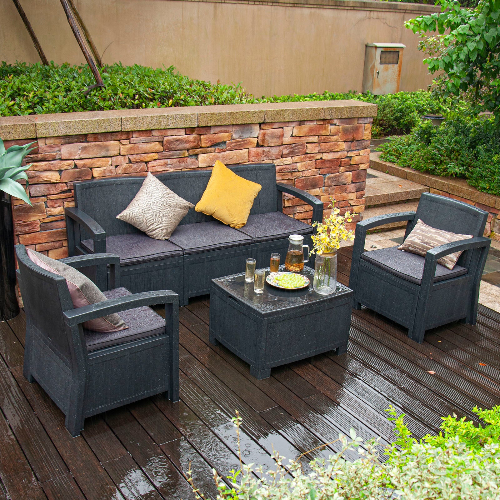 Furgle Outdoor Patio Sectional Conversation Sofa Set Waterproof PE Furniture Set Cushions and Coffee Table for Backyard Pool