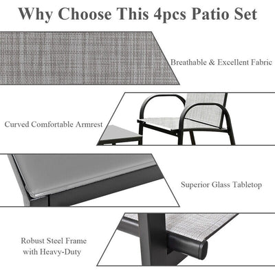 4 pcs Patio Furniture Set with Glass Top