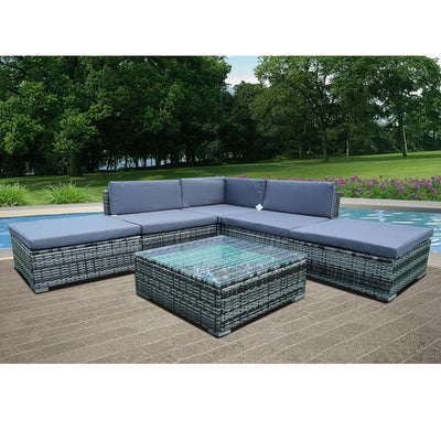 Panana 6PCS Rattan Outdoor Garden Furniture Patio Coffee Table and Corner Sofa Set Ottoman PE Wicker Steel Frame