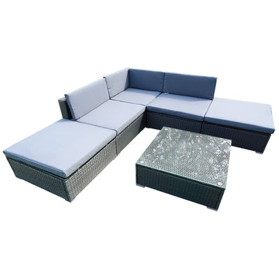 Panana 6PCS Rattan Outdoor Garden Furniture Patio Coffee Table and Corner Sofa Set Ottoman PE Wicker Steel Frame