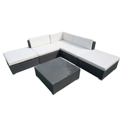 Panana 6PCS Rattan Outdoor Garden Furniture Patio Coffee Table and Corner Sofa Set Ottoman PE Wicker Steel Frame
